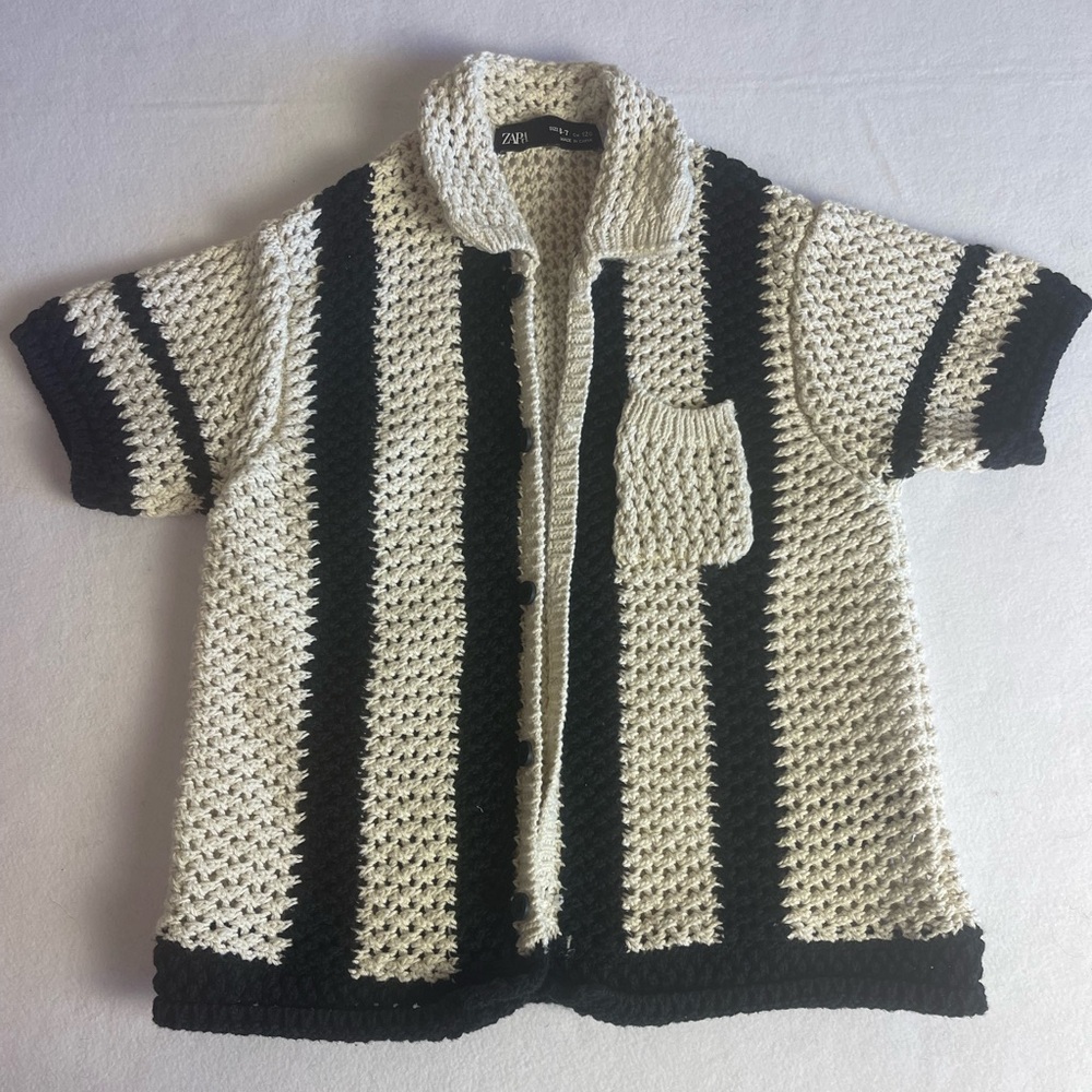Zara Girls Size 6-7 Chunky Cotton Knit Cardigan Sweater Cream Ivory Black Stripe